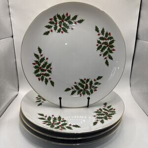 Set Of 4 Christmas Holly Dinner Plates 10.5” White Porcelain Gold Trim *